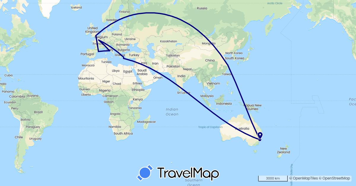TravelMap itinerary: driving in Australia, China, Spain, France, United Kingdom, Greece, Italy (Asia, Europe, Oceania)